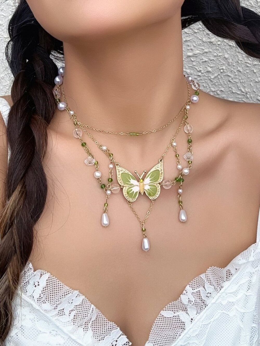 Enamel Butterfly Multi Strand Necklace Clear Crystal & Pe